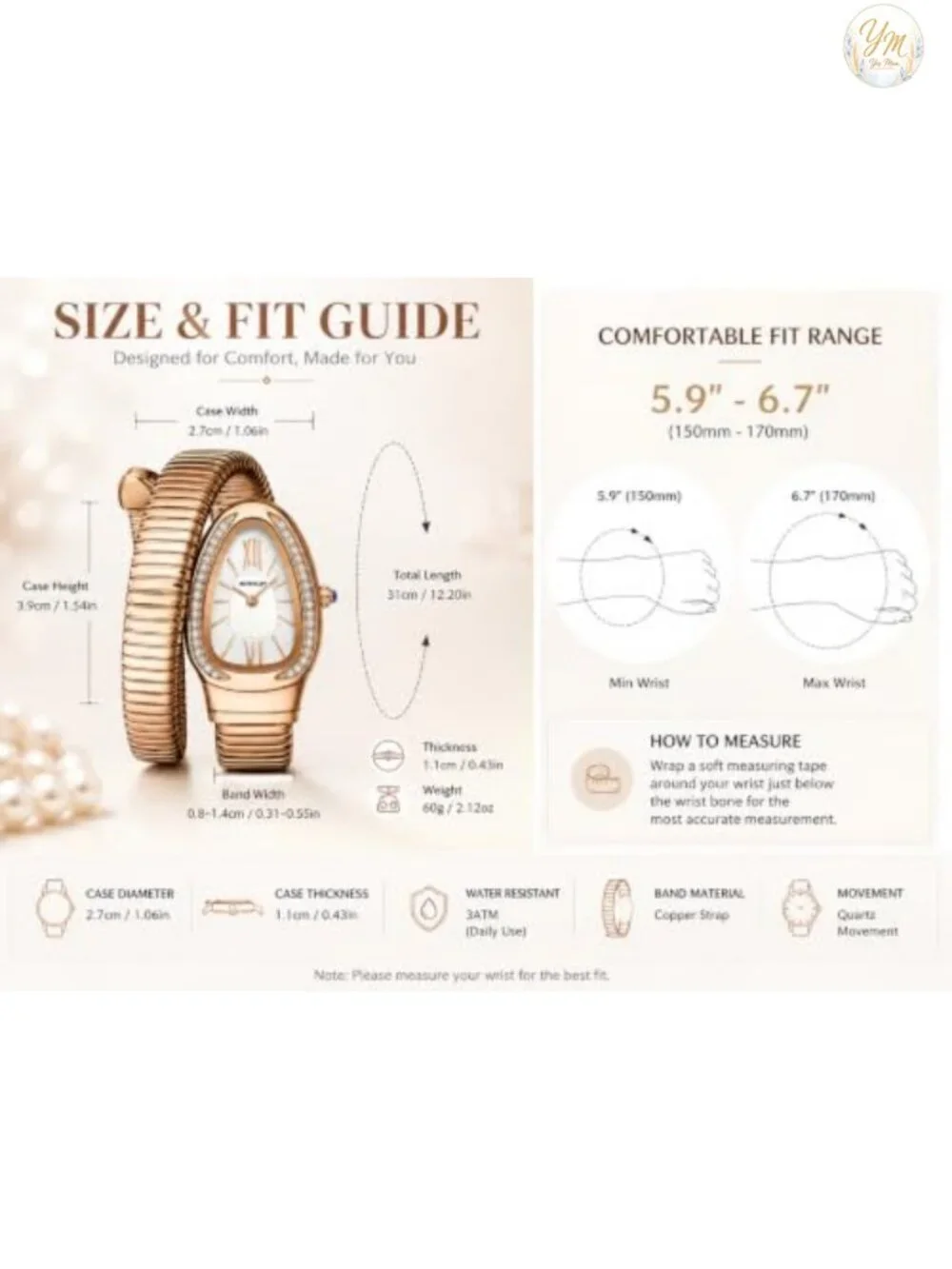 Elegant Snake Bracelet Watch for Women, Wrap Around Quartz Bangle Wristwatch